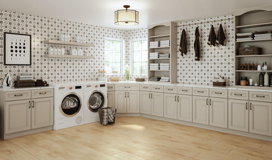 Laundry Room with linen cabinets, open shelves for extra storage, marble countertop, and eye catching backsplash