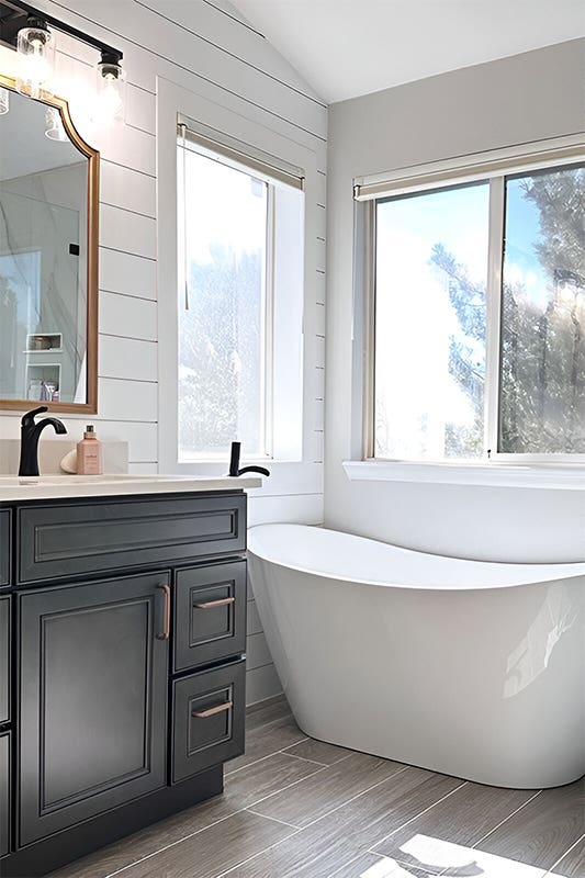 York Driftwood Grey bathroom vanity with white countertop and matt black hardware