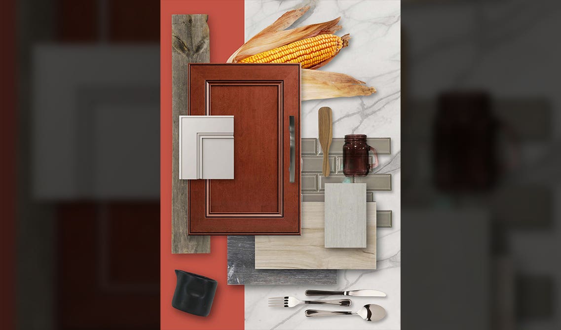 Mood Board for kitchen design with brown cabinet door