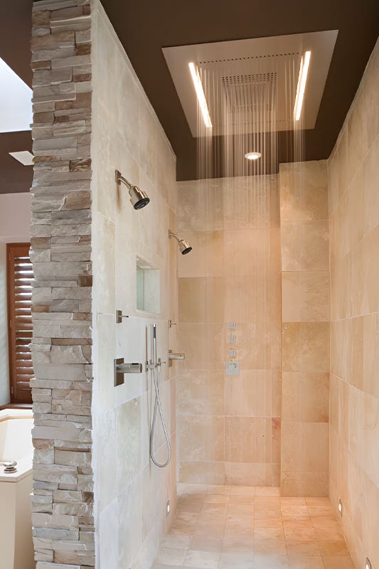Bathroom shower design with rainfall shower fixture