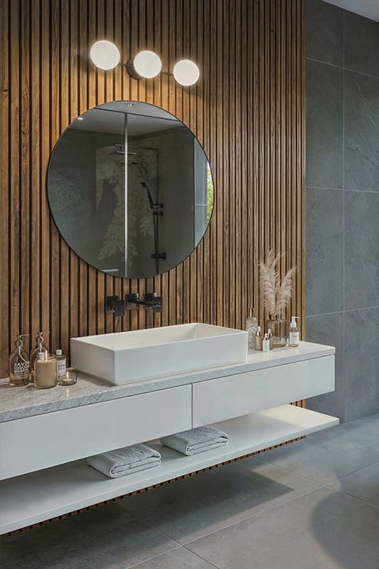 Cotemporary bathroom design feature with white floating vanity, round mirror, and wooden panel