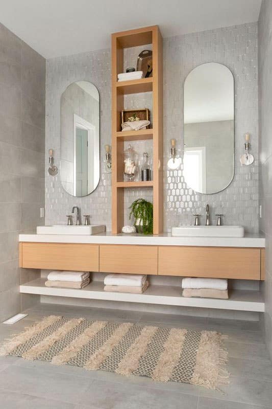 double floating vanity with ceramic sink and stainless steel faucet