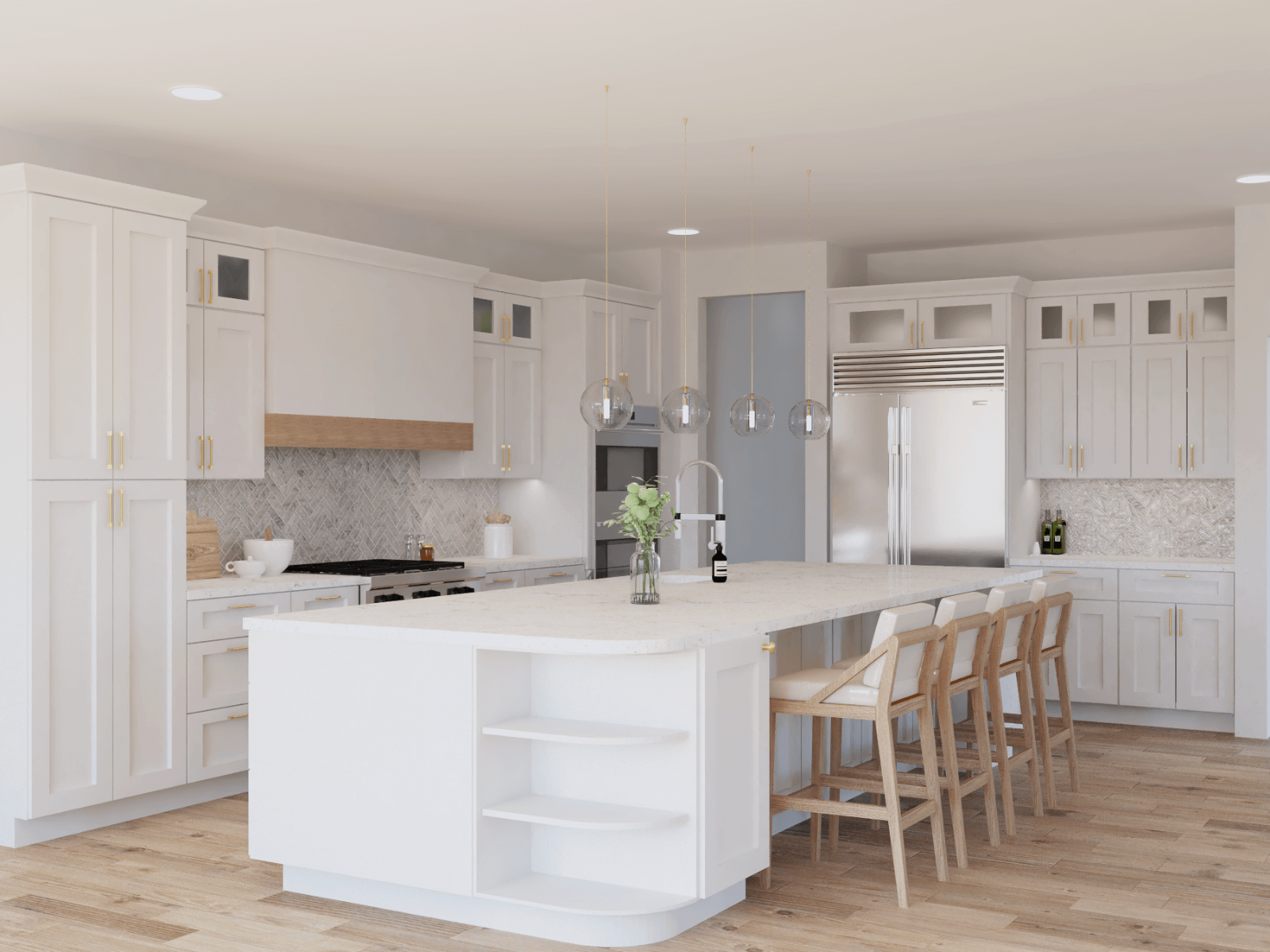 Modern white kitchen with shaker cabinets and large island, and spc flooring