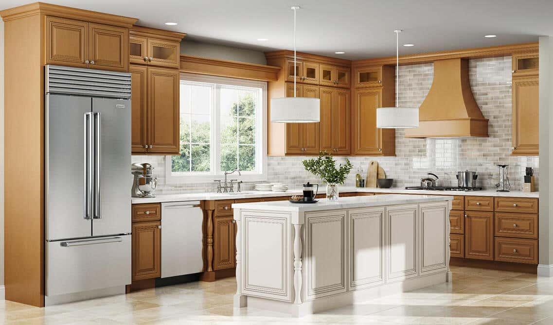 maple cabinets with white countertops