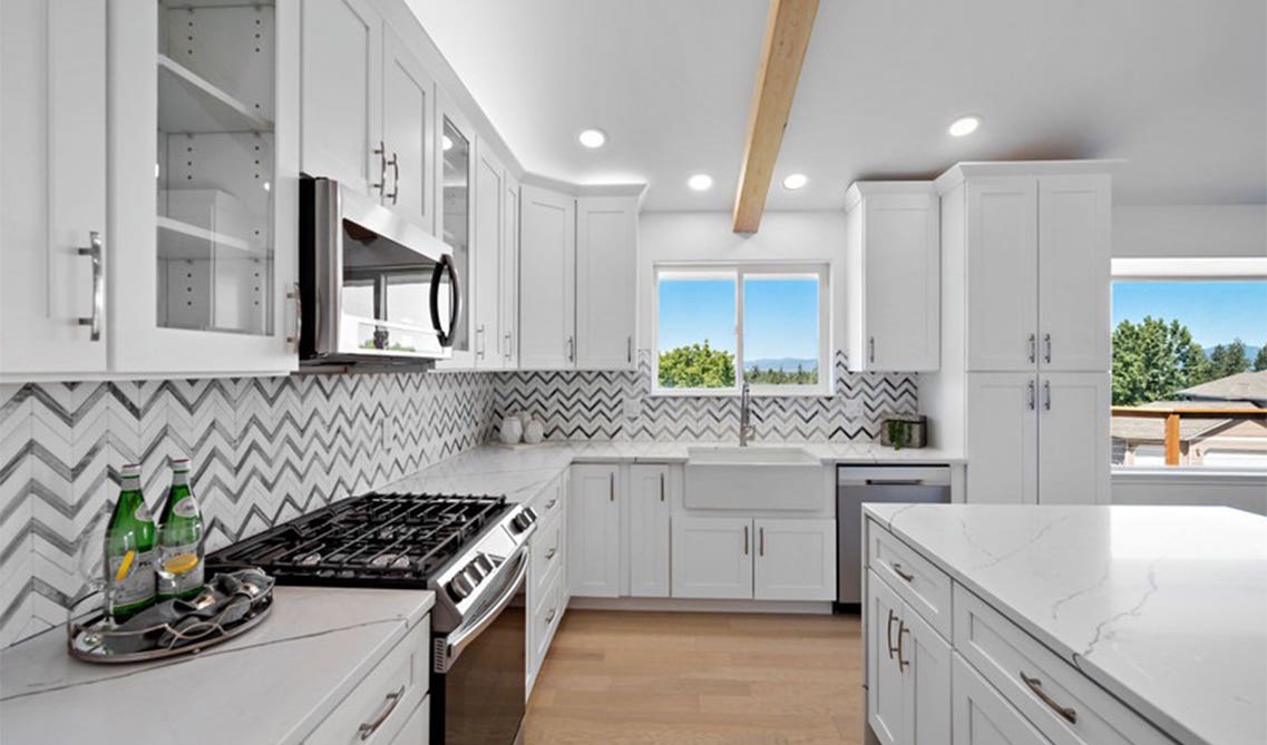 chevron-style subway tile backsplash