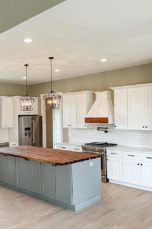 Butcher Block Countertops with gray cabinets