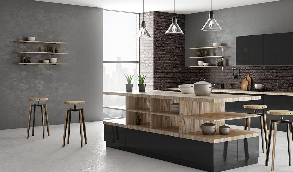 Kitchen Design with Large Wooden Freestanding Island and exposed brick walls and pendent lights