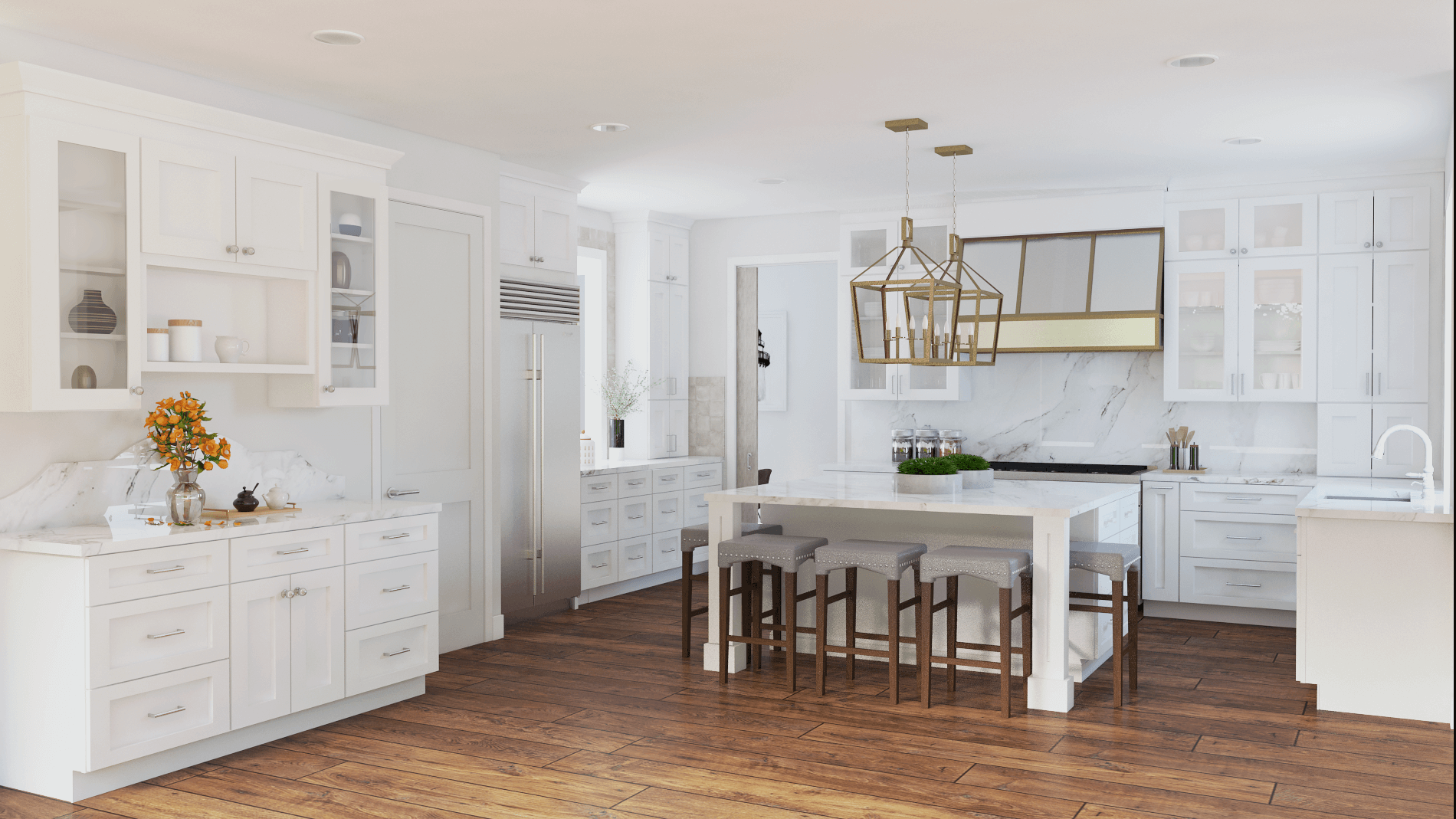 White kitchen with shaker cabinets and small island, Pendant lights, marble backsplash and wooden flooring