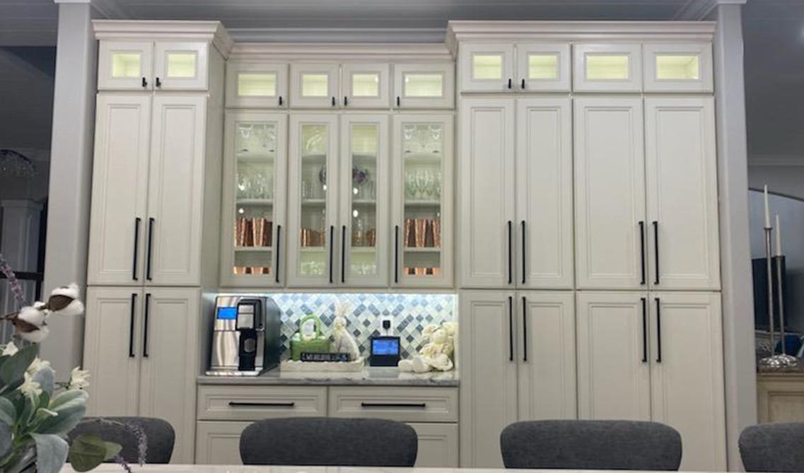 White ceiling Cabinets with glass doors