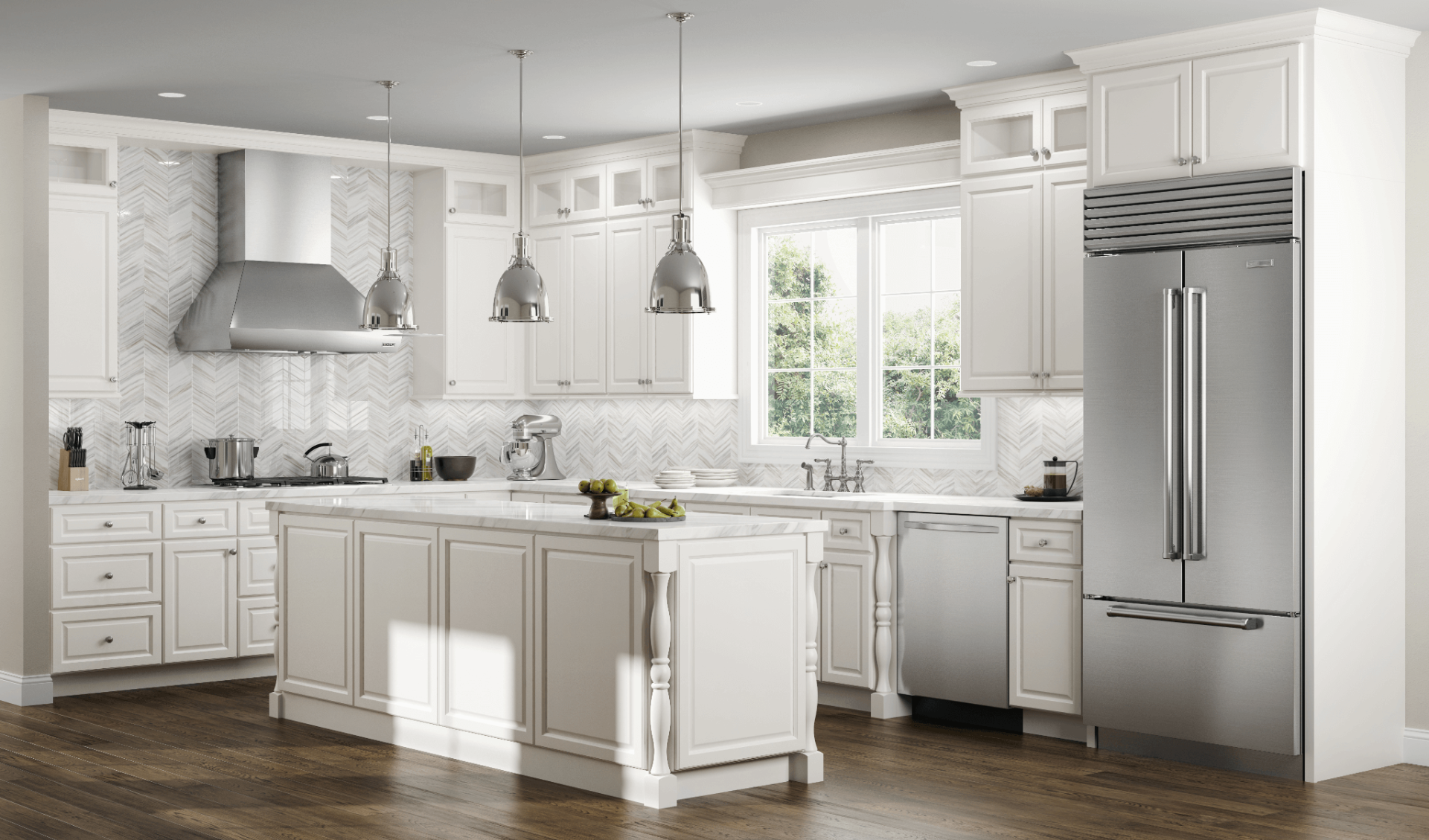 Kitchen with white shaker cabinets and marble countertops, pendant lights above small island, Stainless steel appliances