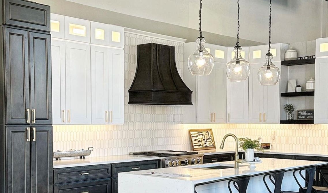 Two tone white and black cabinets kitchen, elegant pendent lights on island