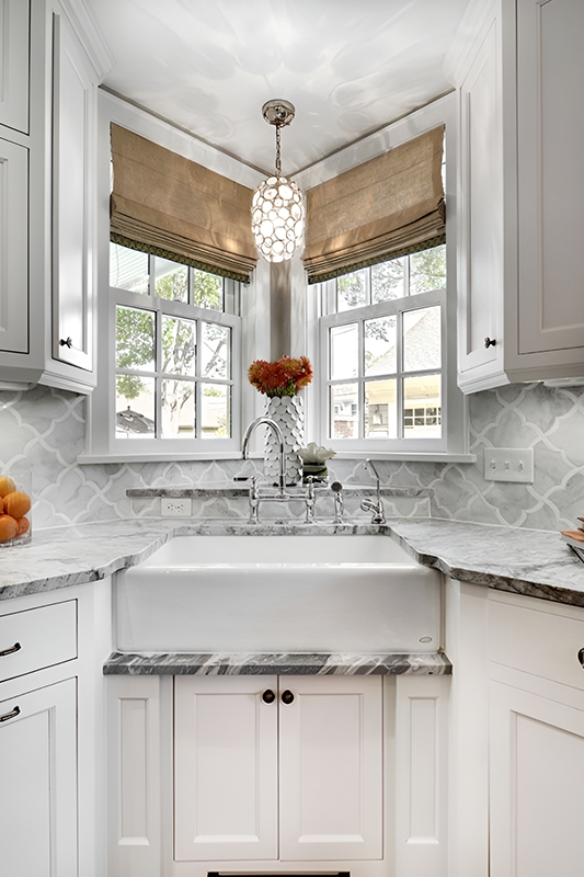 farmhouse-style sink corner cabinets