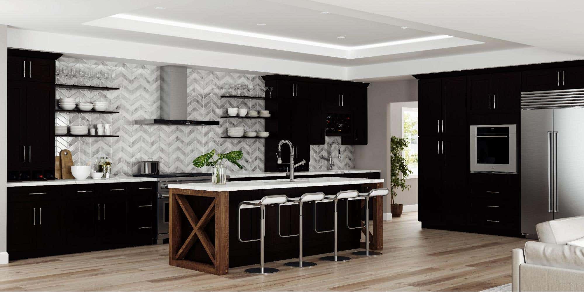 Kitchen design feature Shaker Espresso cabinets with open shelving and island