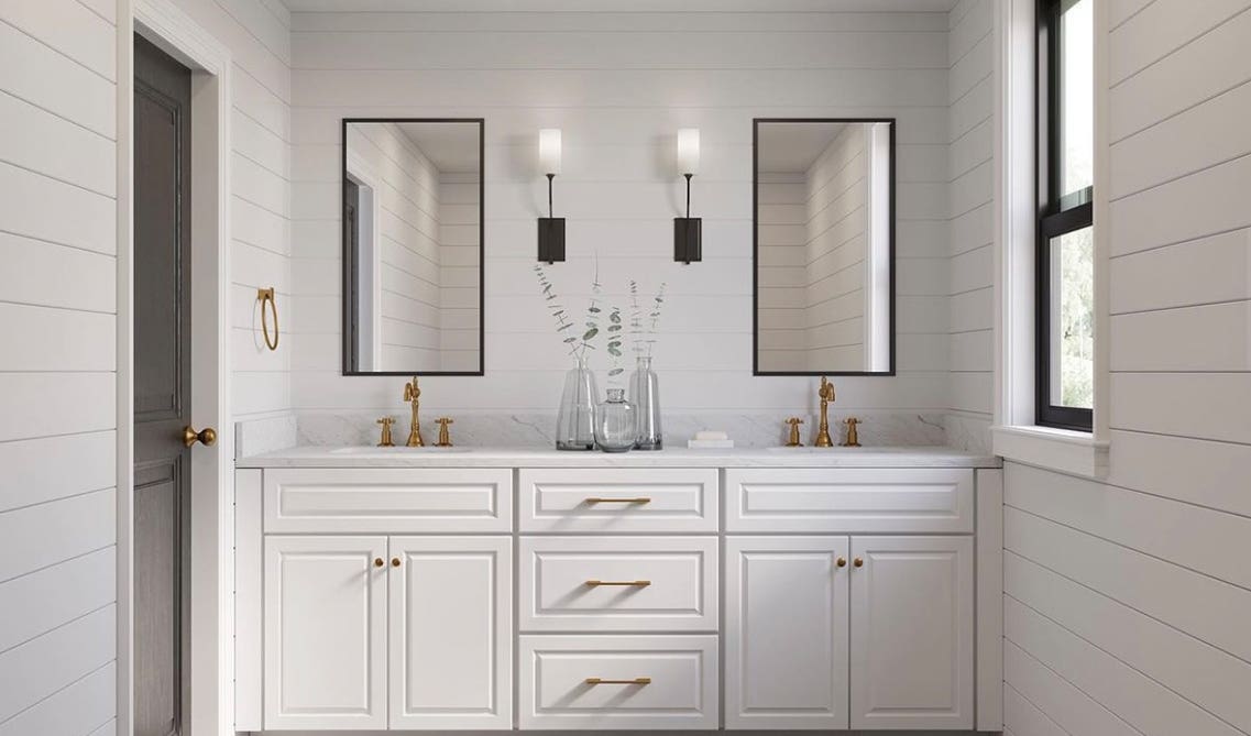 white bathroom vanity with gold hardware and mirrors, towel hanger 