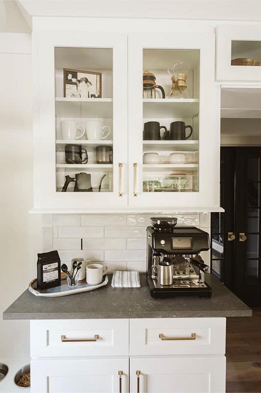 white shaker elite coffee bar cabinets with glass doors